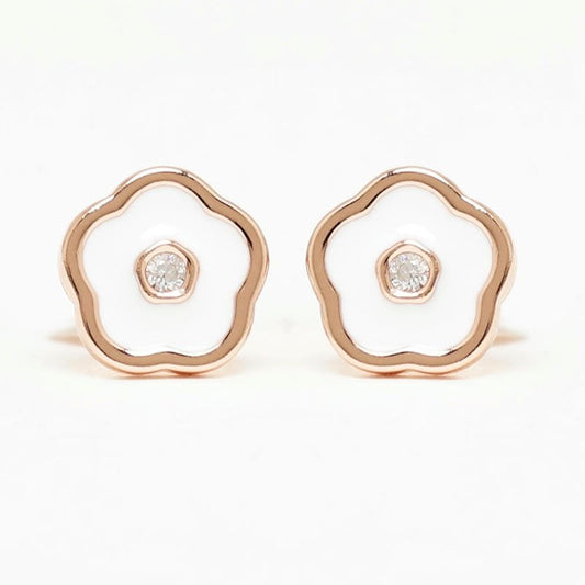 Rose Gold White Enamel Floral Studds 925 Sterling Silver Earrings