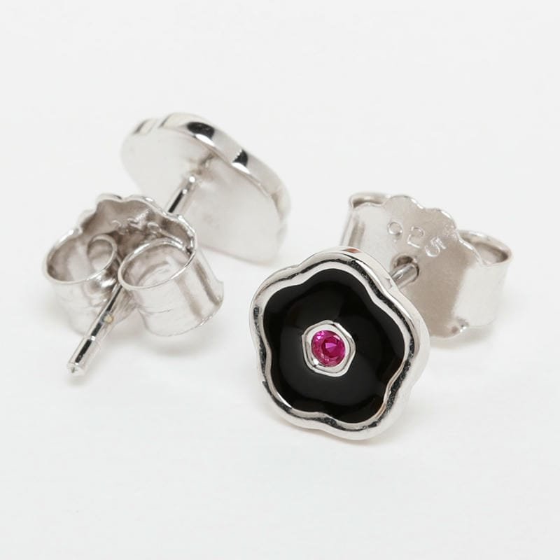 Silver Black Enamel Floral Studds925 Sterling Silver Earring