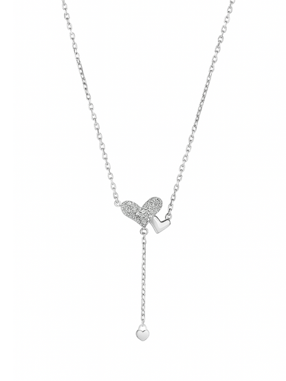 Double Heart Everyday 925 Sterling Silver Studded Necklace For Women