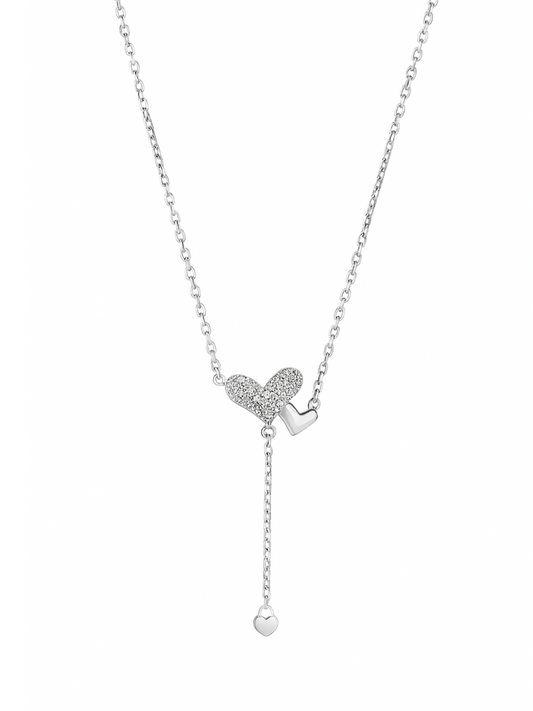 Double Heart Everyday 925 Sterling Silver Studded Necklace For Women