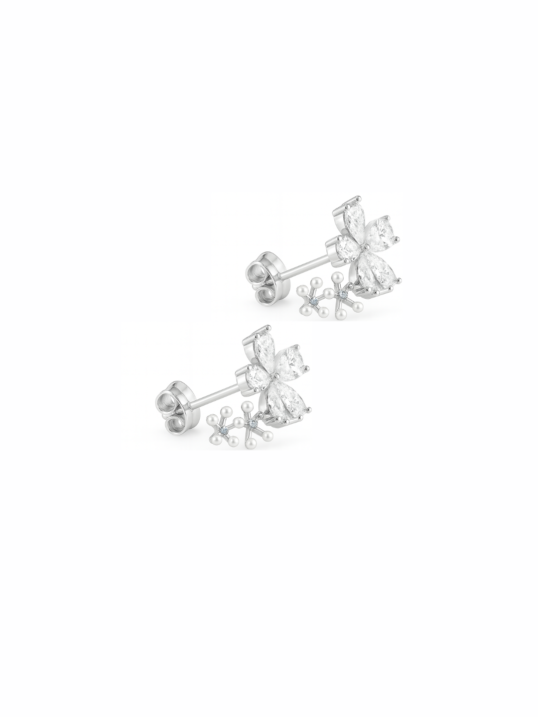 Three Pearl Blossom Floral 925 Sterling Silver Festive Studs Earrings