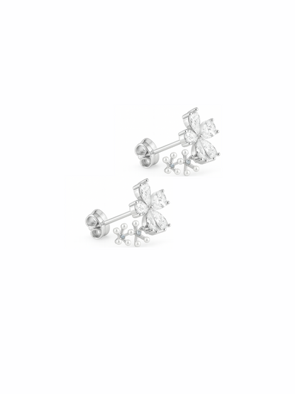 Three Pearl Blossom Floral 925 Sterling Silver Festive Studs Earrings