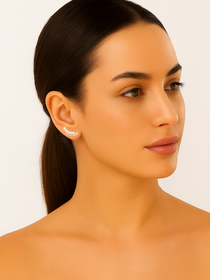 Celestial Arc Ear Climbers 925 Sterling Silver Earrings with Pearls & CZ
