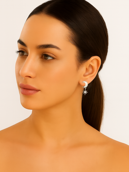 Chaand Sitara 925 Sterling Silver Moon & Star Dangler Earrings